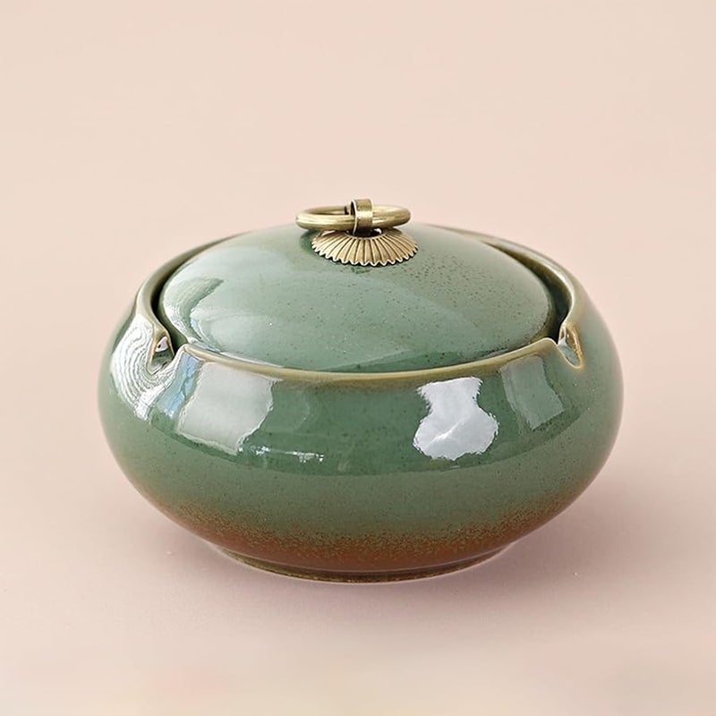 منفضة سجائر خضراء خزفية بغطاء مقاوم للرياح وحاملة رماد محمولة لتزيين الداخل والخارج والمنزل والمكتب والفسحة - Image 2